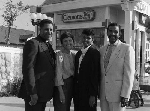 Clemon's Restaurant event participants posing with Pat Russell, Los Angeles, 1984