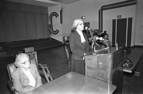 Rosa Parks with Lillian Rogers Parks speaking to a Compton Unified School District group, Los Angeles, 1983