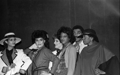 Alpha Phi Alpha fashion show models standing together off stage, Los Angeles, 1985