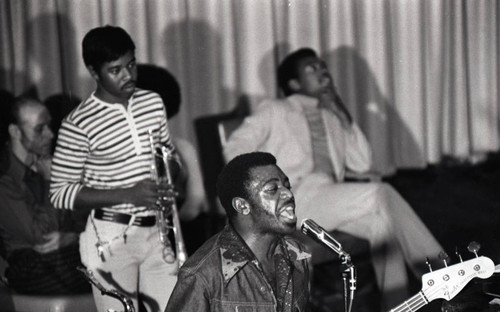 Band playing at the Embassy Auditorium before Angela Davis' speech, Los Angeles, 1972