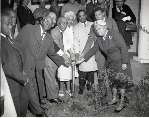 Rev. Clayton D. Russell Sr., Gilbert Lindsay, and Mrs. Azelia Blakney attending a groundbreaking ceremony, Los Angeles, 1966