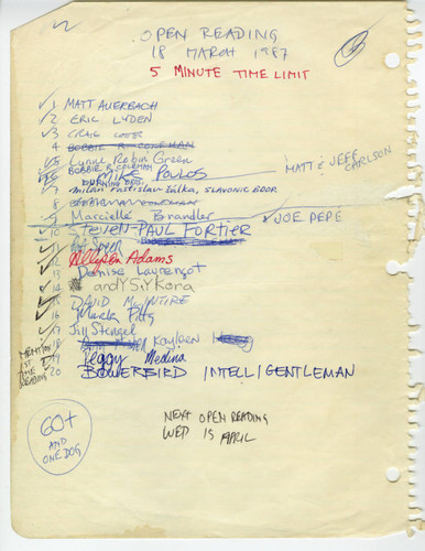 Open Mike Night, Signup Sheet, 18 March 1987