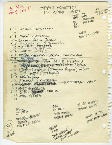 Open Mike Night, Signup Sheet, 15 April 1987