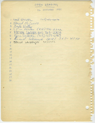 Open Mike Night, Signup Sheet, 16 October 1985