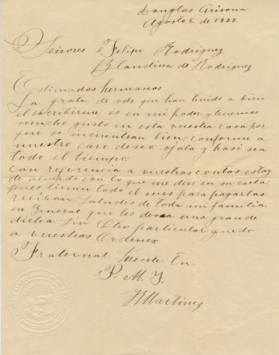 Logia Benito Juarez letter from Secretario Martinez to Felipe and Blandina Rodriguez