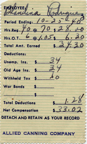 Pay stub of Blandina (Guerrero) Rodriguez from the Allied Canning Company