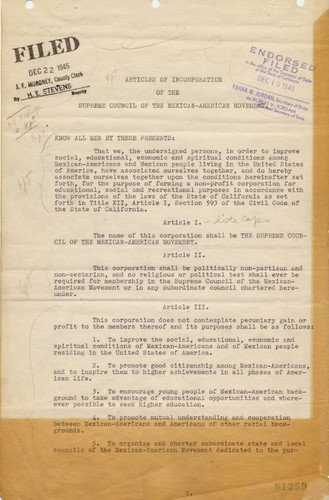 Articles of Incorporation for the Supreme Council of the Mexican-American Movement (page 1)