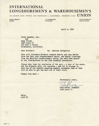 International Longshoremen's and Warehousemen's Union letter from Pete Moore to Frank Agundez and Hank Flores