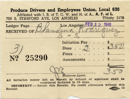 Dues receipt for union membership of Blandina (Guerrero) Rodriguez