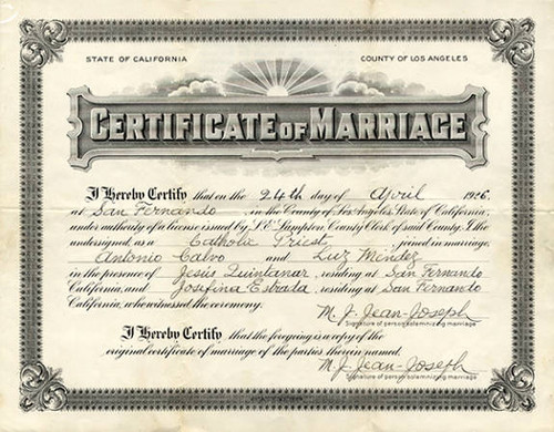 Certificate of marriage of Antonio Calvo and Luz Mendez