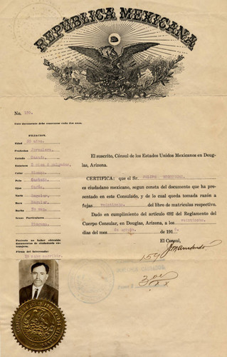 Certificate of Mexican citizenship for Felipe Rodriguez