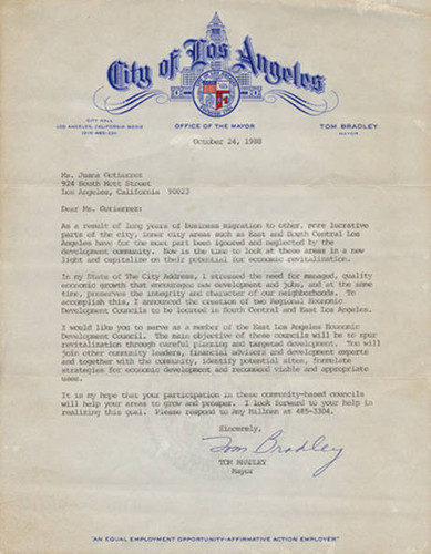 Letter from Los Angeles Mayor Tom Bradley to Juana Beatríz Gutiérrez