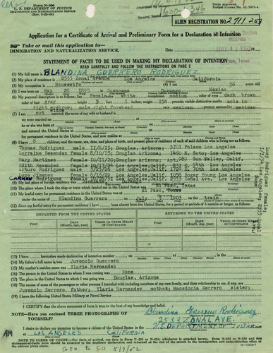 Application for a Certificate of Arrival and Preliminary Form for a Declaration of Intention of Blandina (Guerrero) Rodriguez