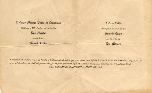 Invitation to the wedding of Antonio Calvo and Luz Mendez