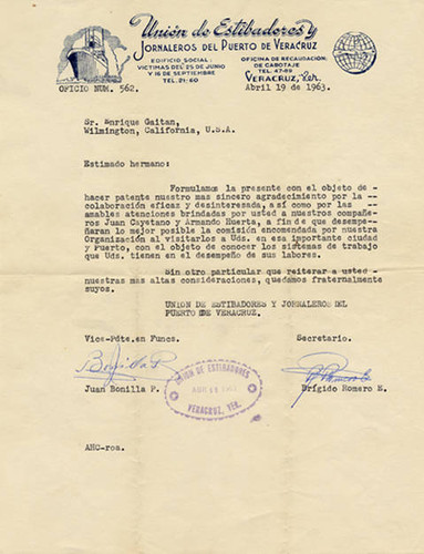 Union de Estibadores y Jornaleros del Puerto de Veracruz letter to Enrique (Henry) Gaitan from Juan Bonilla and Brígido Romero