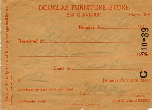 Receipt from Mose the Furniture Man of the Douglas Furniture Store for Felipe Rodriguez (side 2)