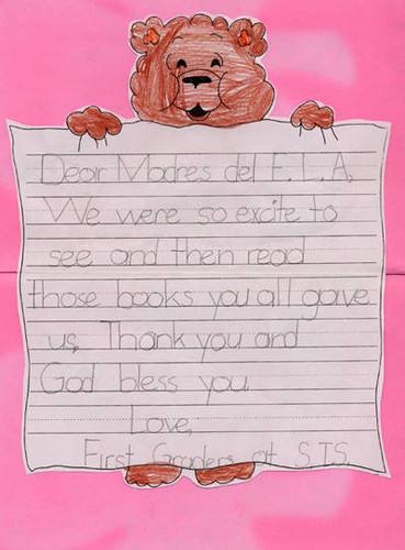 Thank-you letter from first graders at Santa Isabel Elementary School to the Mothers for a donation of books