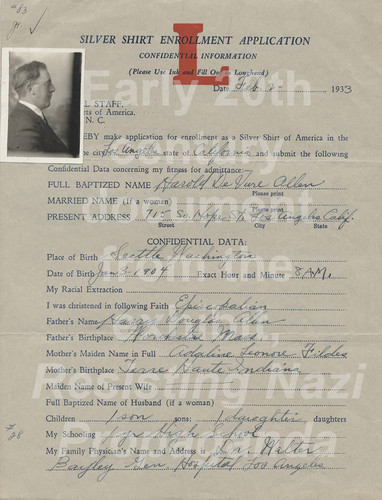 Application form, Silver Shirt Enrollment, 1933