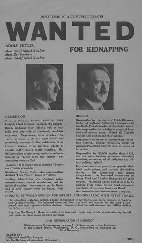 Handbill, WANTED for Kidnapping: Adolf Hitler, 1938