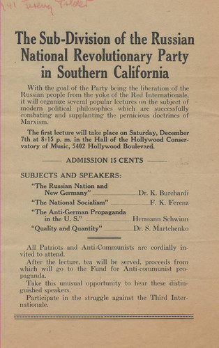 Handbill, The sub-division of the Russian National Revolutionary Party in Southern California, 1940