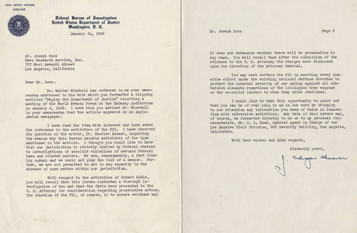 Letter, J. Edgar Hoover to Joseph Roos, 1942