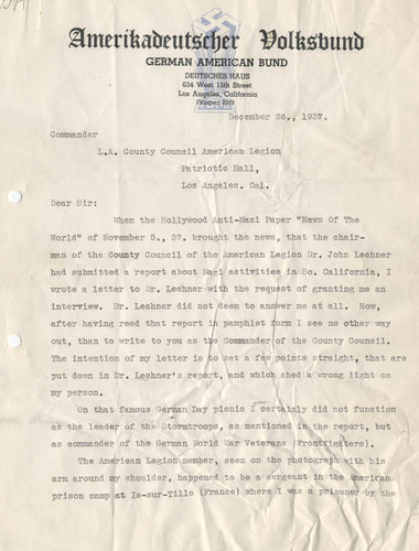 Letter, R. Kunhe Letter to American Legion (page 1), 1937