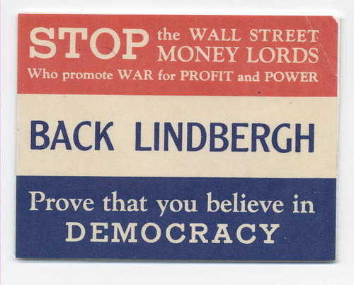 Sticker, Back Lindbergh for president, circa 1940