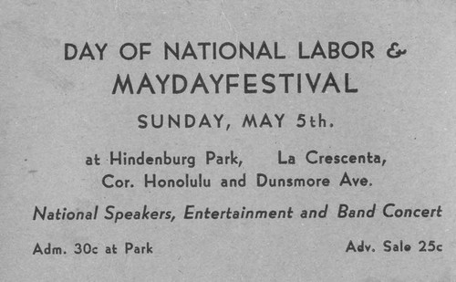 Ticket, Day of National Labor and Mayday Festival, 1940