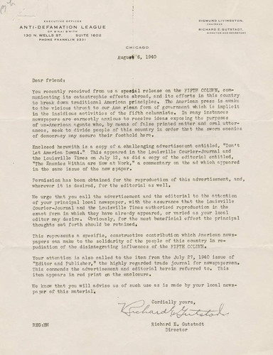 Letter, Richard Gutstadt to Anti-Defamation League, 1940