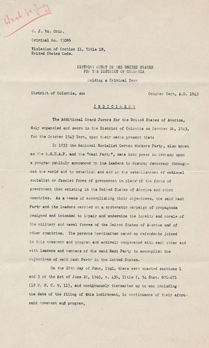 Page, True Bill of Indictment for the Sedition Trial, 1943