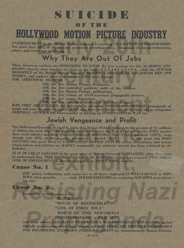 Flier, Suicide of the Hollywood Motion Picture Industry (page 1), circa 1940