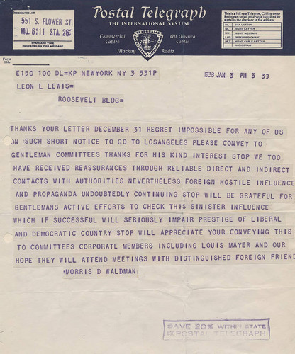 Telegram, Morris D. Waldman to Leon Lewis, 1938