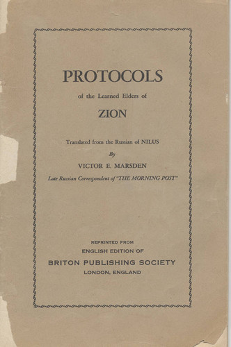 Pamphlet cover, Protocols of the meetings of the learned elders of Zion, circa 1930