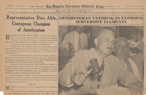 Newspaper article, Congressman Untiring in Exposing Subversive Elements (part 1), 1943