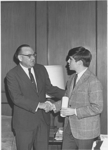 Former California Governor Edmund "Pat" Brown (1959-1967) and Steven Webb, organizer of the 1968 California Political Forum at San Fernando Valley State College (now CSUN), May 1968