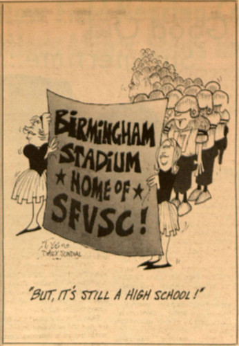 San Fernando Valley State (now CSUN) Sundial cartoon commenting on the status of the athletic home of the Valley State Matadors, September 20, 1966