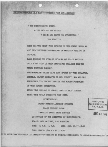 "Oppression in America" Art Exhibition at San Fernando Valley State College (now CSUN), December 16-19, 1968