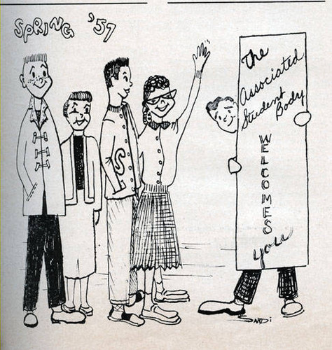 Cartoon - Associated Student Body welcome to the San Fernando Valley campus of Los Angeles State College, February 8, 1957