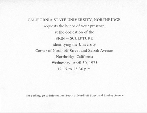 Invitation to the dedication of the "CSUN" sculpture sign, April 30, 1975