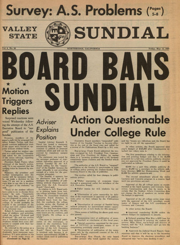 "Board Bans Sundial" headline from the Daily Sundial student newspaper--May 15, 1964