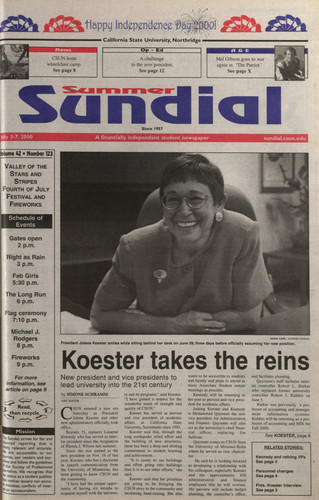 Front page of the Summer Sundial, featuring Dr. Jolene Koester, July 3-7, 2000