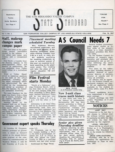 Front page of the San Fernando Valley campus newspaper, the State Standard, February 15, 1957