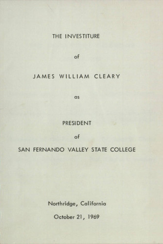 Inauguration program from the investiture of Dr. James Cleary, October 21, 1969