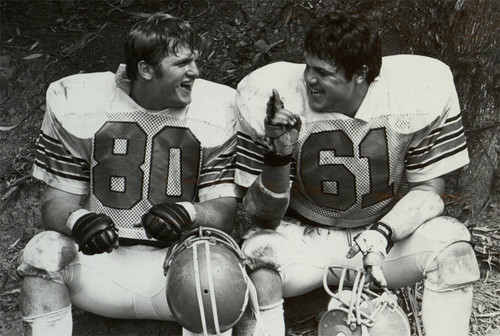 Tim Blair and unidentified California State University, Northridge (CSUN) football player, ca. 1981