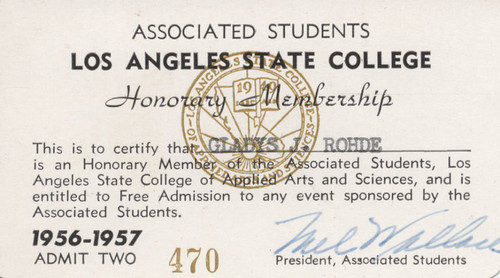 Los Angeles State College Associated Students Honorary Membership Card