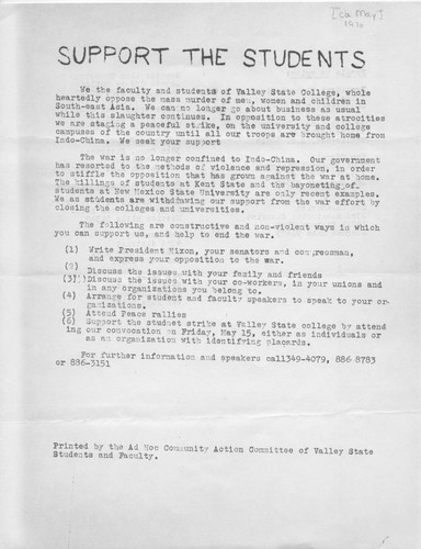 SUPPORT THE STUDENTS--flier asking for support of the student anti-war strike at San Fernando Valley State College (now CSUN), ca. May 1970