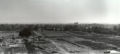 View of construction site for new dorms, California State University, Northridge (CSUN), ca. 1988