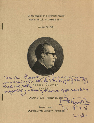 Andrés Segovia Exhibit program, January 15, 1978 - February 15, 1978