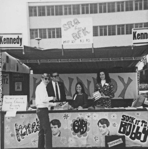 Students at the Robert Kennedy information booth at the San Fernando Valley State College campus, May, 1968