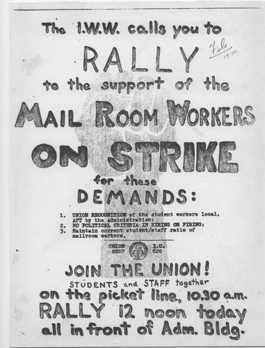 Industrial Workers of the World (IWW) flier in support of Mail Room Strike at San Fernando Valley State College (now CSUN), 1970